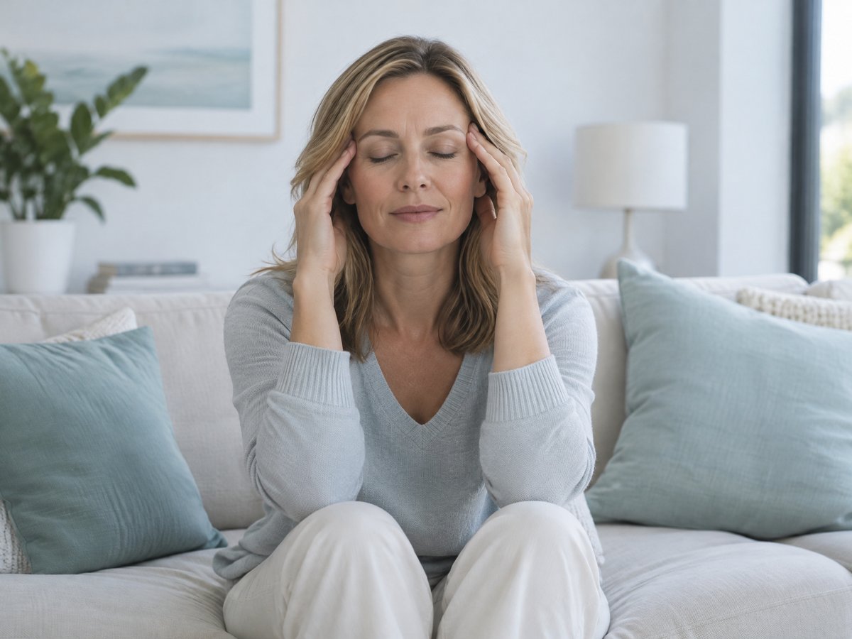 Woman resting with fingertips pressed to her temples
