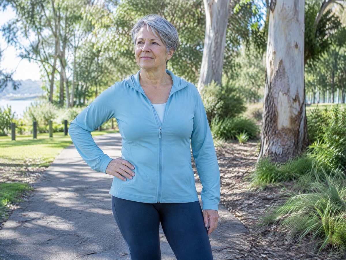 Woman on a walking path with a hand on her hip