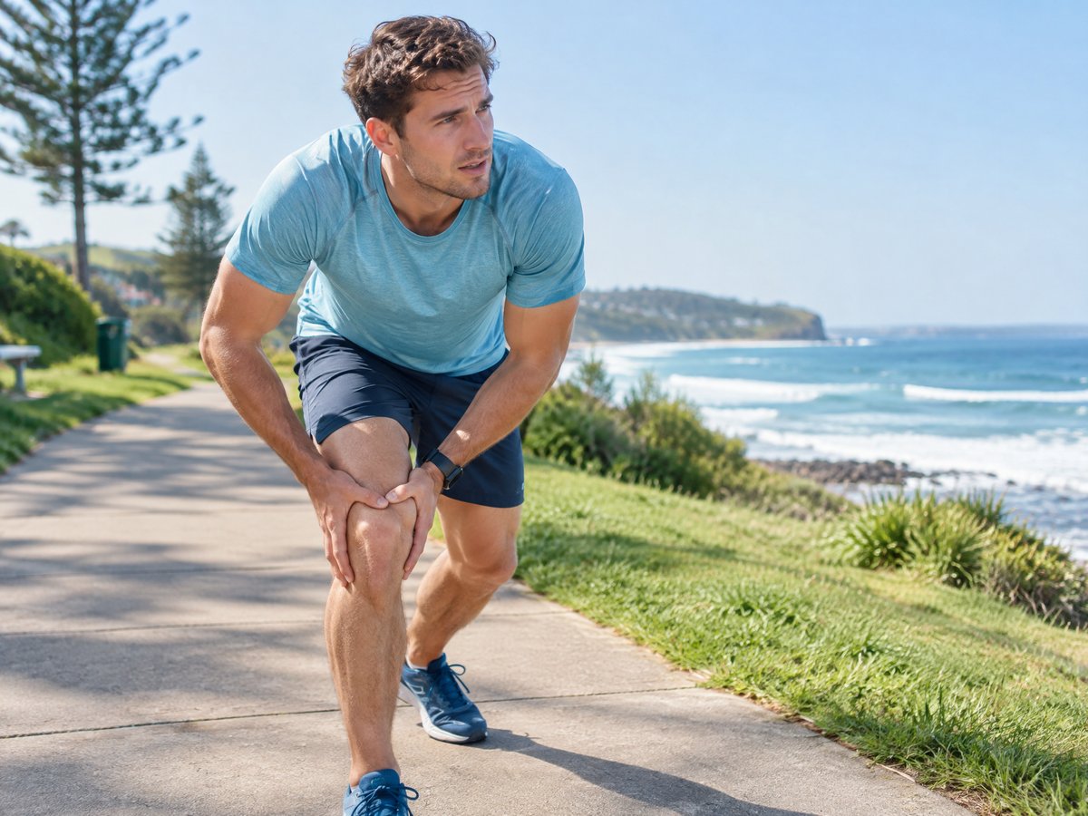 Runner pausing on a coastal path holding his knee