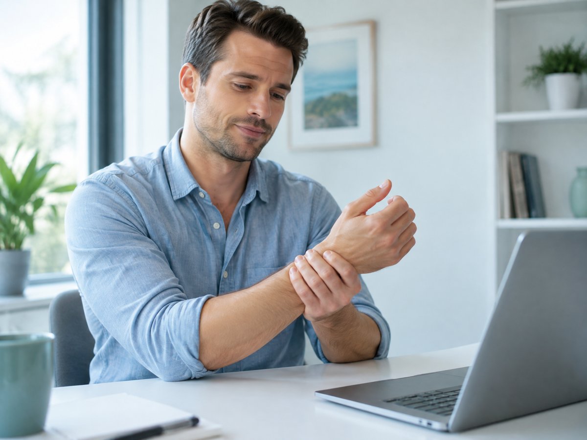Man at a laptop holding his sore wrist